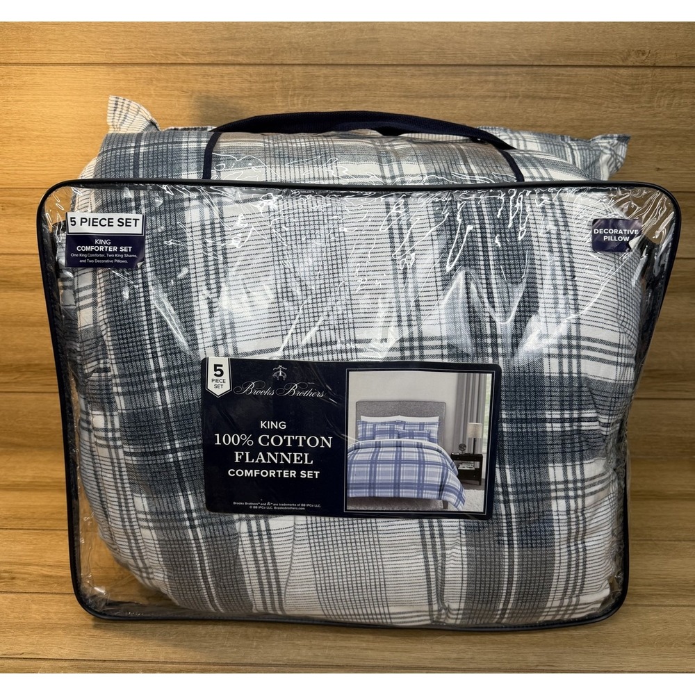 Brooks Brothers King 5-Pc Cotton Flannel Comforter Set Blue Gray White Plaid NIP